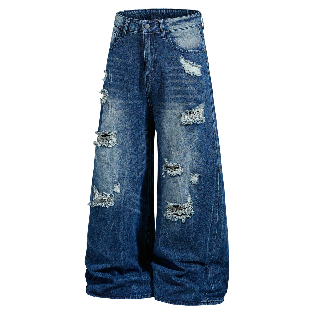 DONOTLOGO Heavy Distressed Wide-Leg Denim | Unisex Y2K Ripped Baggy Jeans | Vintage Blue High Street Oversized Trousers