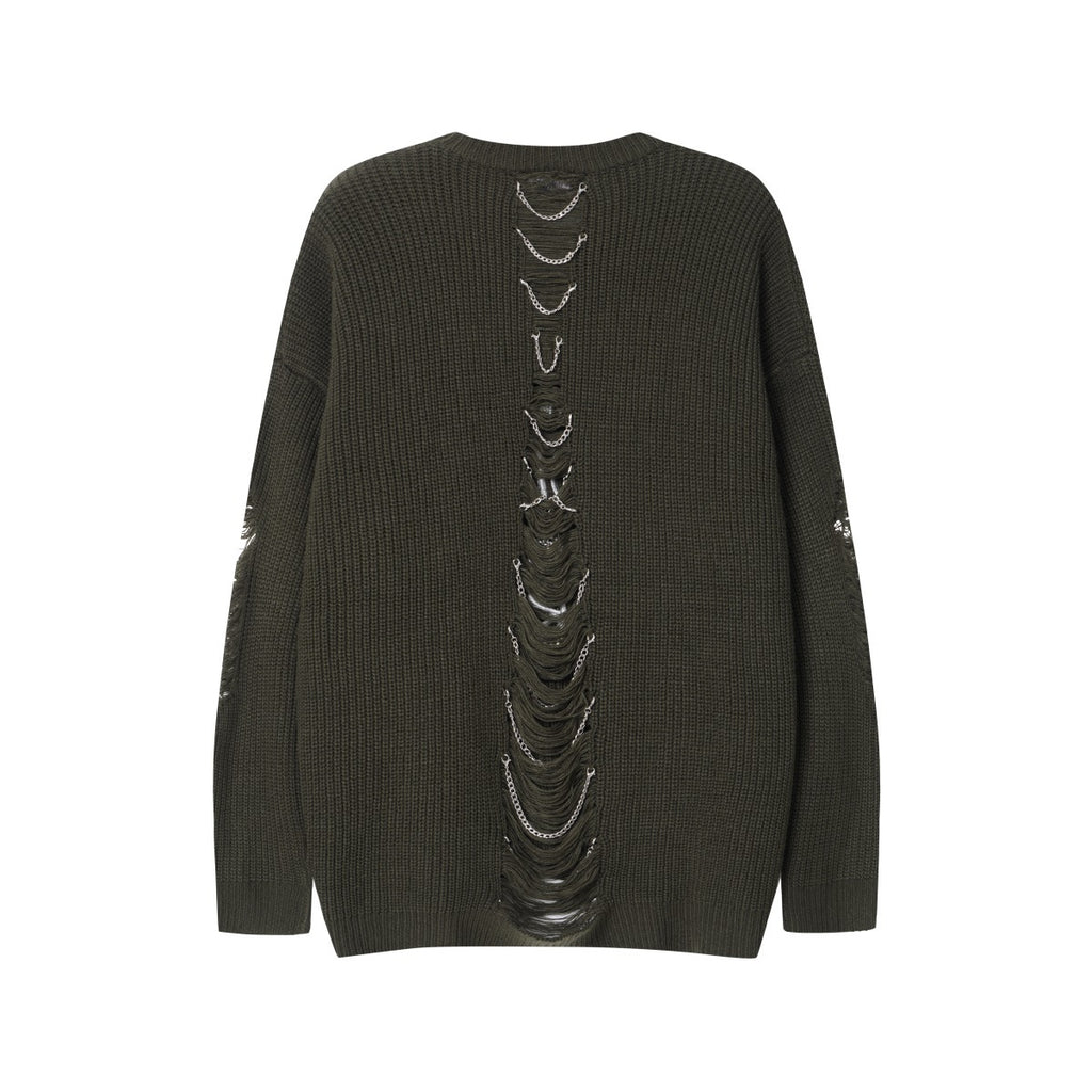 Unisex Knit Sweater with Distressed Letter Embroidery and Chain Details