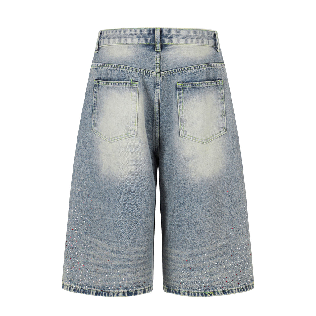 DONOTLOGO Glitter & Grit Collection | Unisex Relaxed Fit Denim Cropped Pants | Sparkling Rhinestone Detail with Vintage Wash Finish & High-Rise Waistband