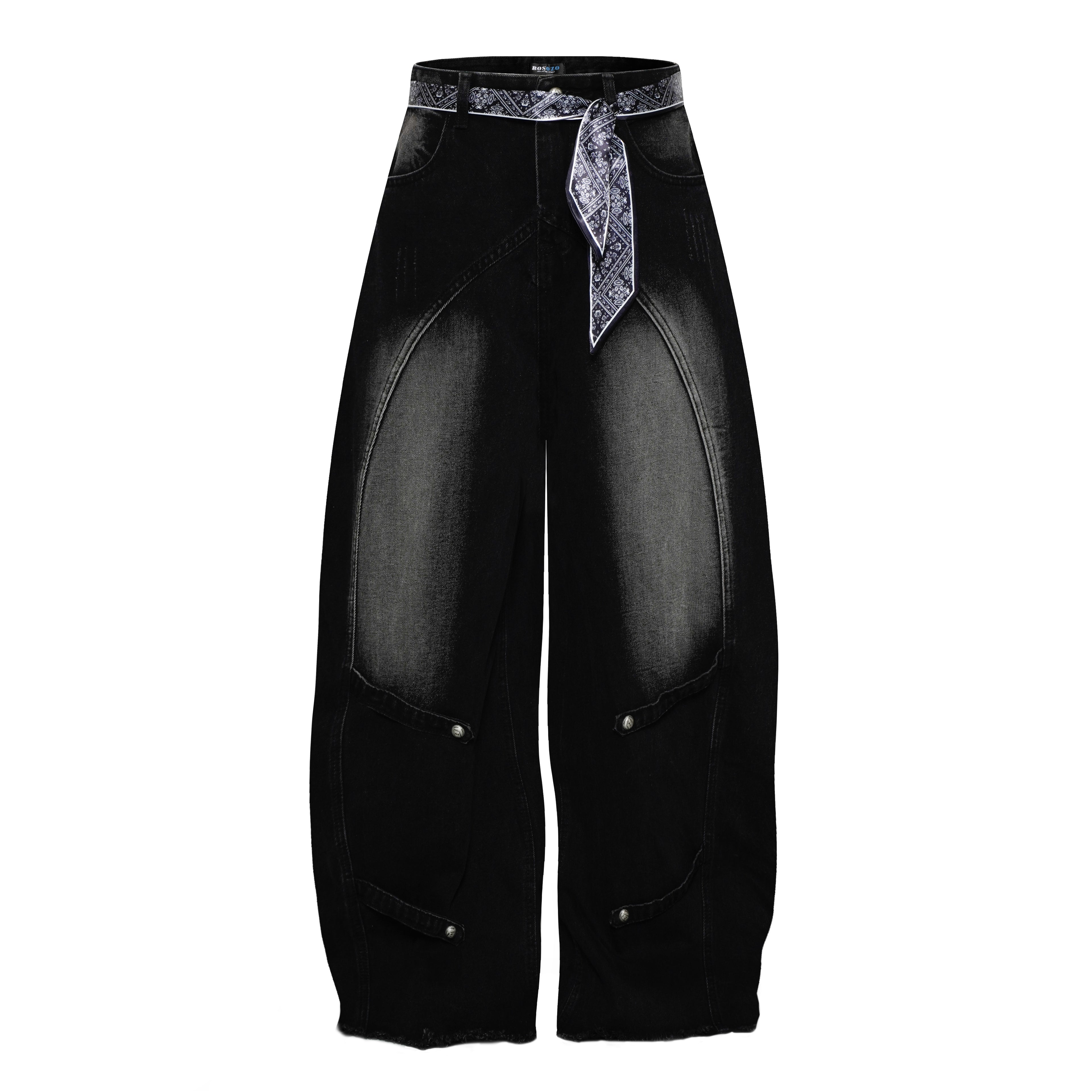 DONOTLOGO "Arc Seam" Distressed Denim - American High Street Baggy Jeans with Contrast Wash & Bandana Belt - Oversized Wide Leg Trousers