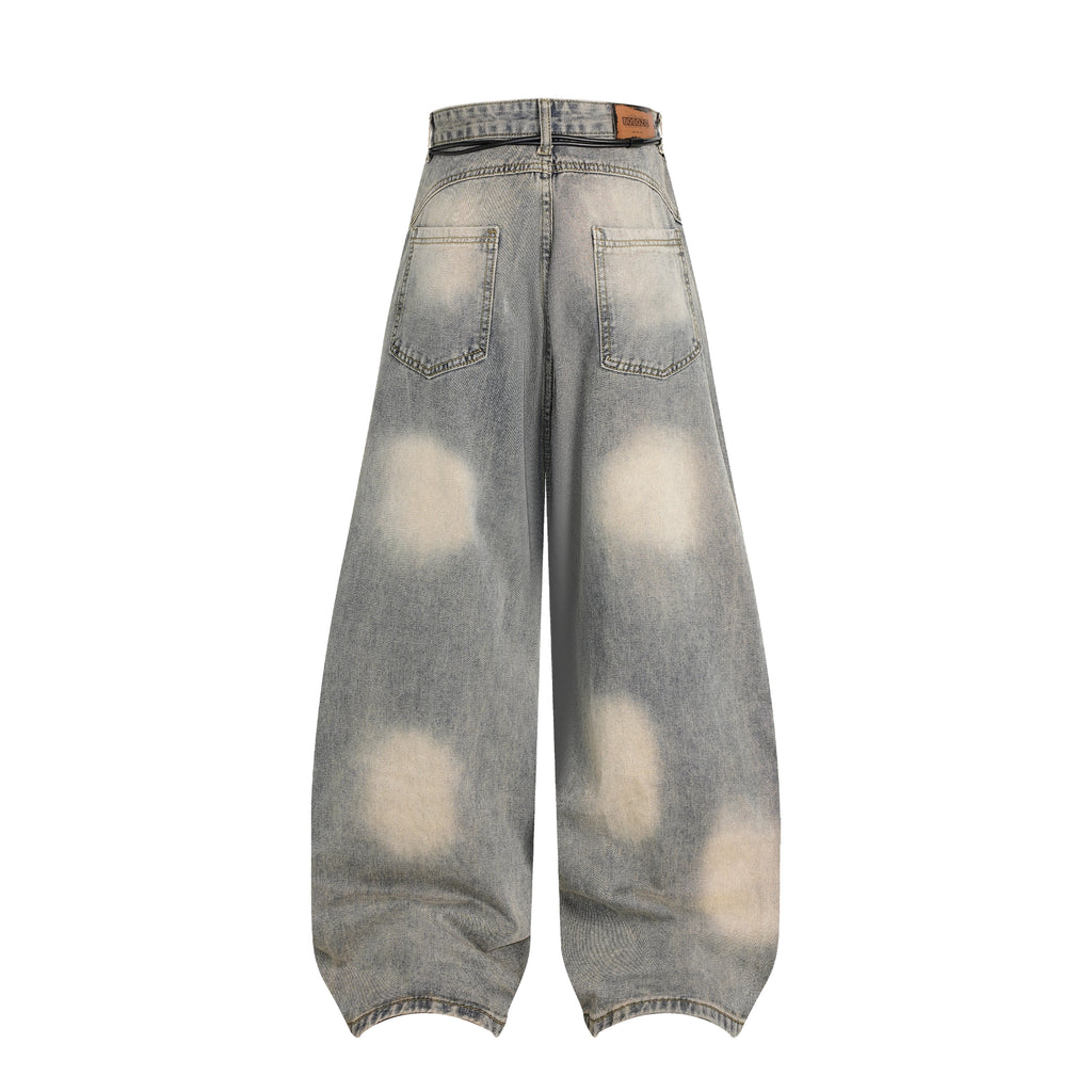 DONOTLOGO "Arc Seam" Distressed Denim - American High Street Baggy Jeans with Contrast Wash & Bandana Belt - Oversized Wide Leg Trousers