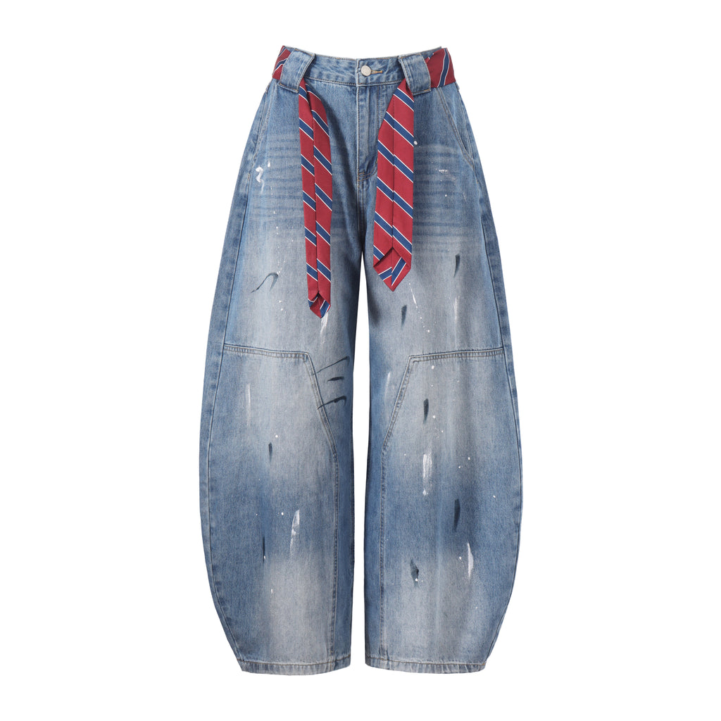 DONOTLOGO High Street Vibe Aesthetic | Unisex Oversized Baggy Jeans | Acid Wash with Tie Sash, Paint Splatter & Knee Dart Detail