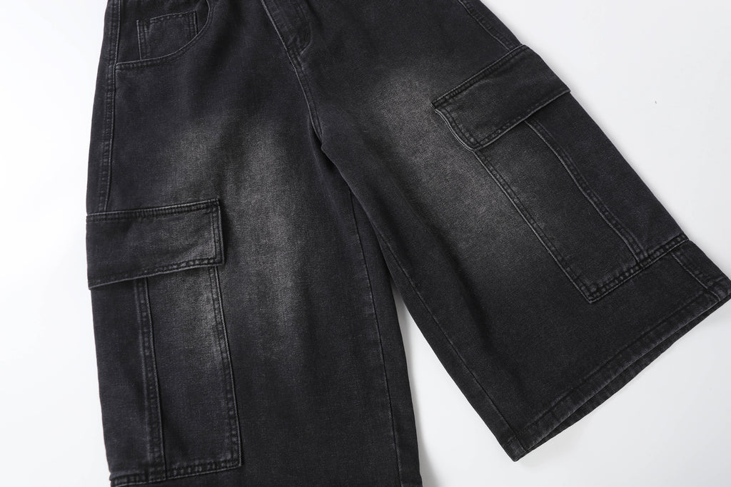 DONOTLOGO Retro Blue Cargo Jean Shorts | Unisex Y2K Wide Leg Denim Shorts with Functional Pockets | High Street Relaxed Fit Bottoms