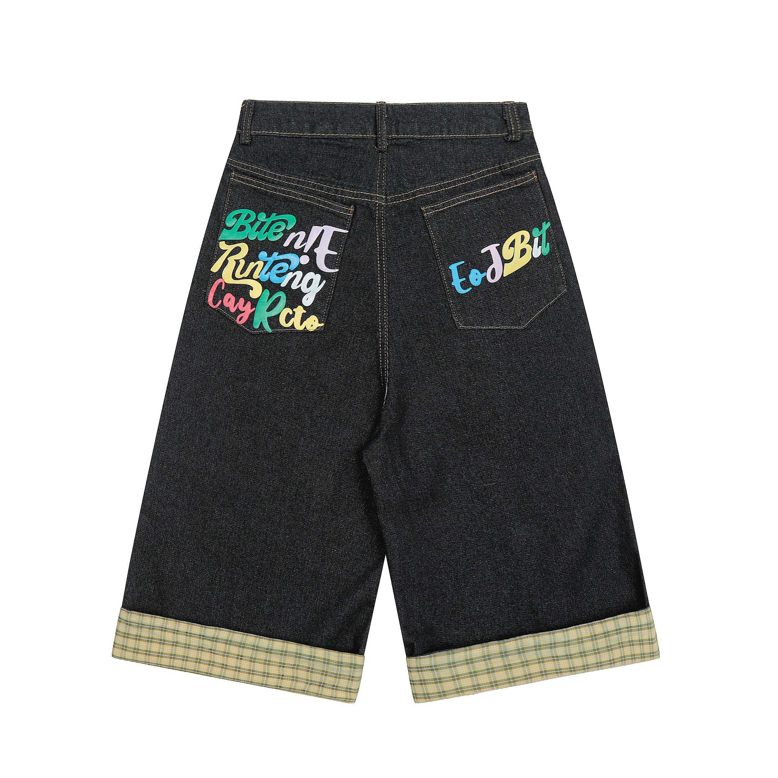 DONOTLOGO Unisex Graffiti Denim Shorts | Dark Wash, Colorful Letters | Plaid Cuffed Hem, Loose Fit Summer Must-Have