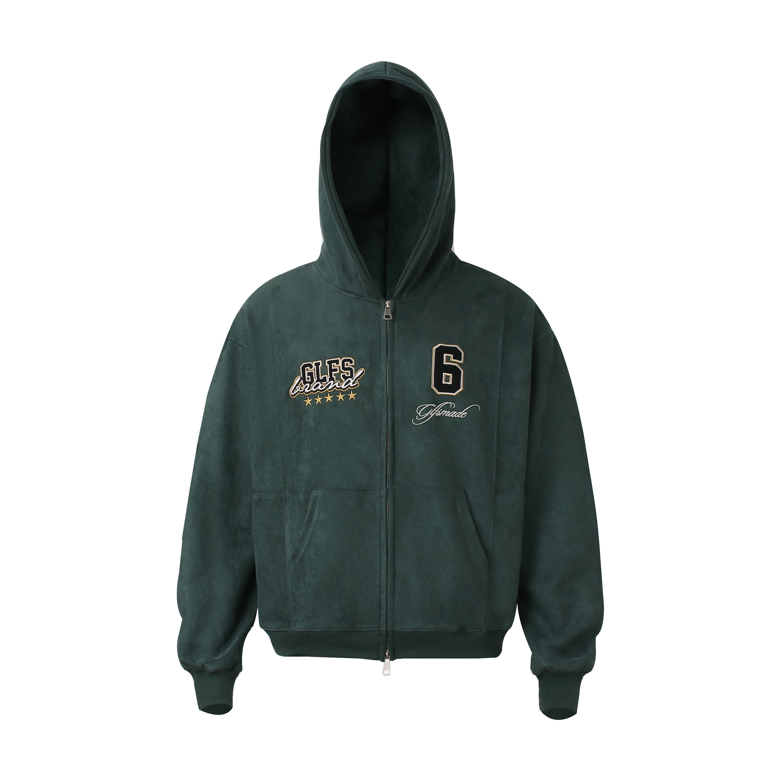 Unisex Double-Pocket Patchwork Zip-Up Hoodie with Dense Embroidery