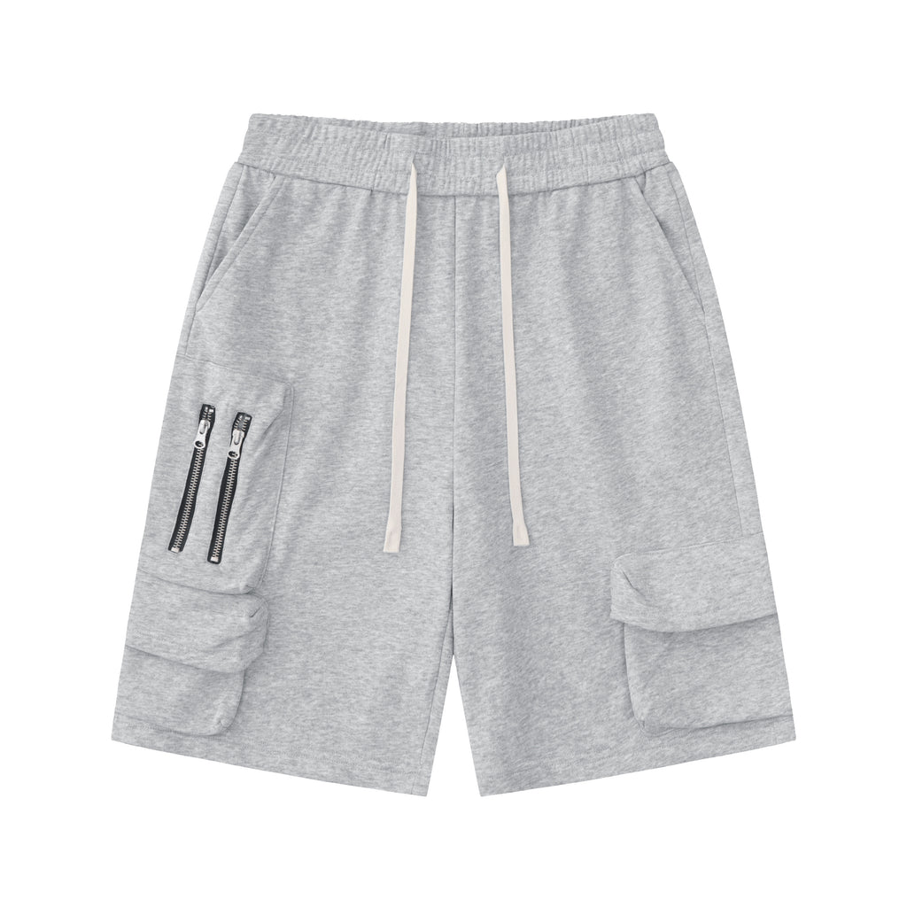 DONOTLOGO Oversized Grey Utility Shorts | Unisex Drawstring Cargo Capris | Streetwear Baggy Sweatshorts with Zipper Detail