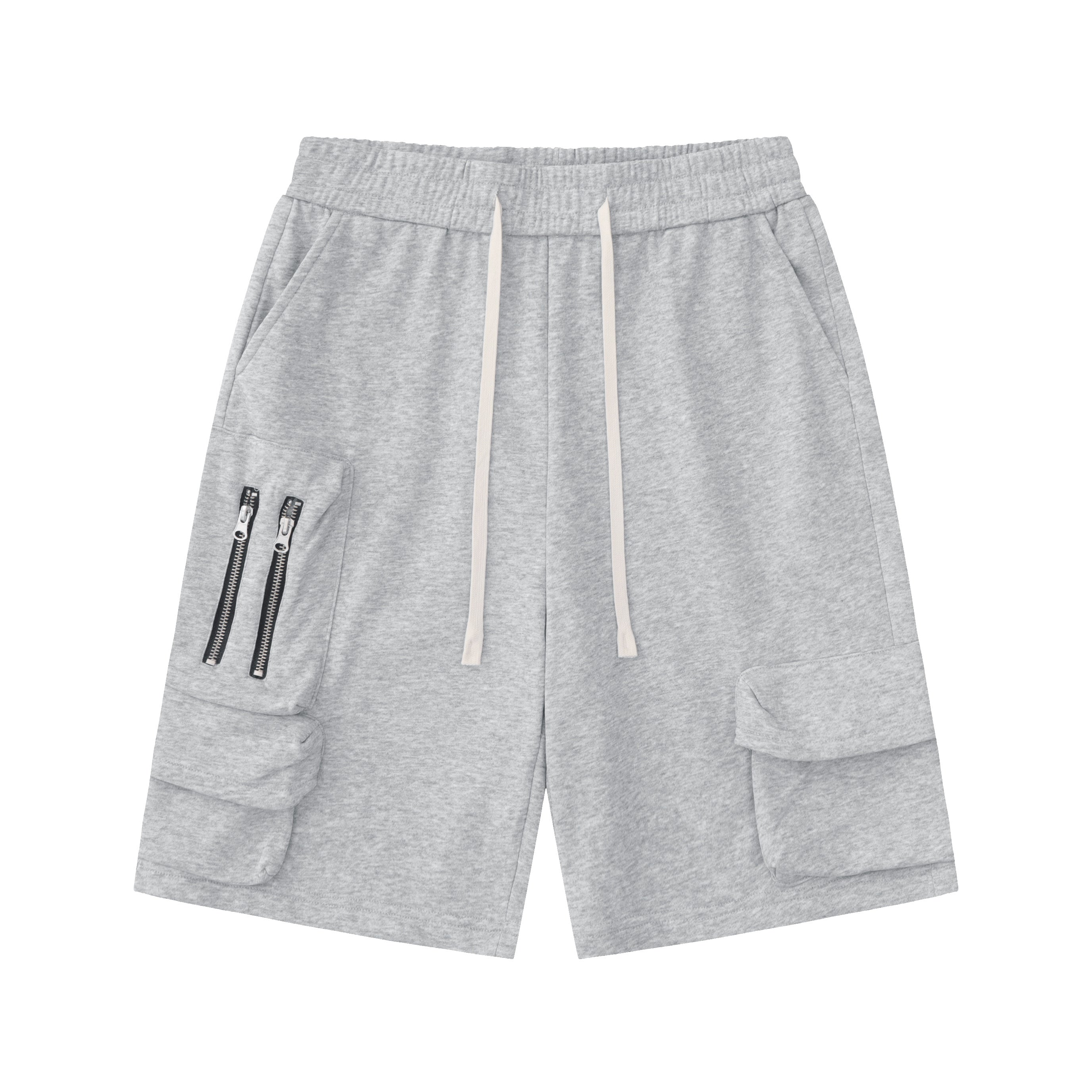 DONOTLOGO Oversized Grey Utility Shorts | Unisex Drawstring Cargo Capris | Streetwear Baggy Sweatshorts with Zipper Detail