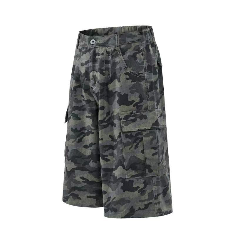 DONOTLOGO Heavy Distressed Camo Cargo Pants | Unisex Y2K Oversized 3/4 Length Trousers | Vintage Military High Street Baggy Shorts