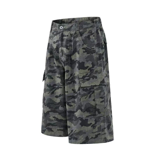 DONOTLOGO Heavy Distressed Camo Cargo Pants | Unisex Y2K Oversized 3/4 Length Trousers | Vintage Military High Street Baggy Shorts
