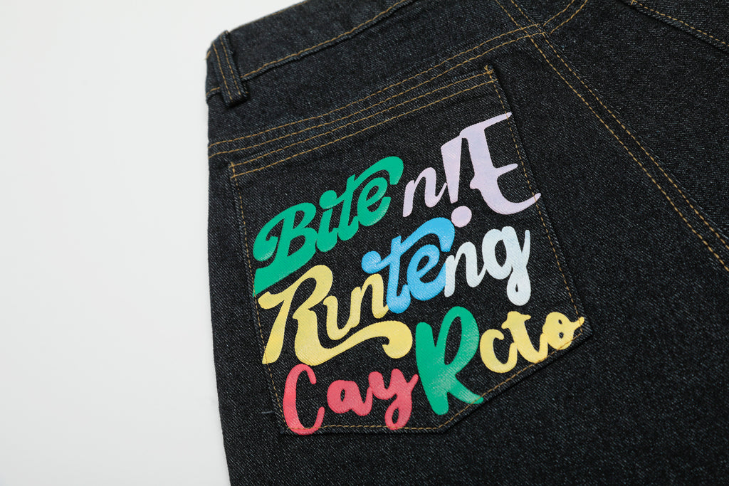 DONOTLOGO Unisex Graffiti Denim Shorts | Dark Wash, Colorful Letters | Plaid Cuffed Hem, Loose Fit Summer Must-Have