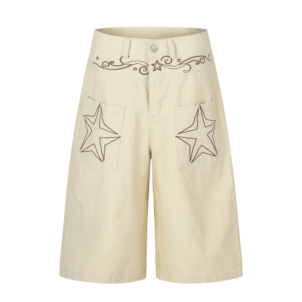DONOTLOGO Rodeo Dream Collection | Unisex Relaxed Fit Denim-Style Cropped Pants | Bold Star & Scroll Embroidery Detail with High-Rise Waistband