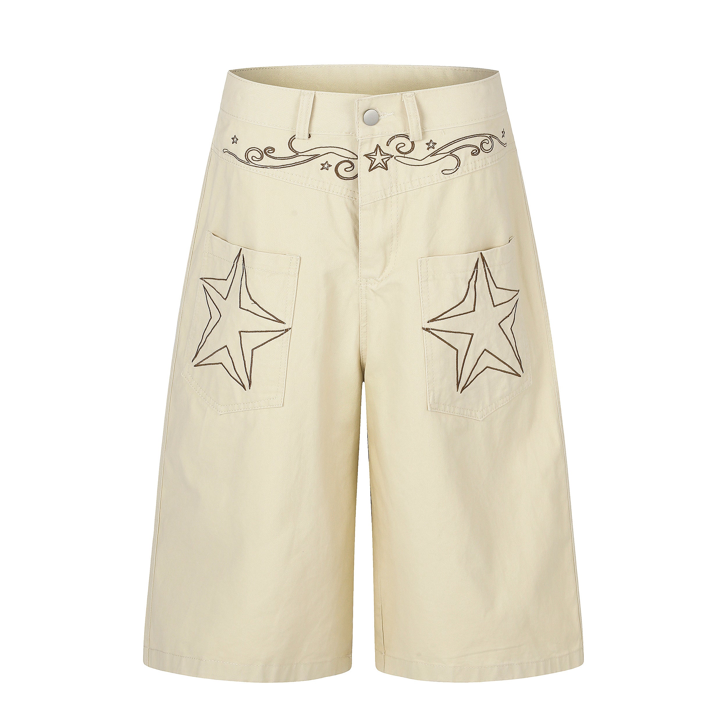 DONOTLOGO Rodeo Dream Collection | Unisex Relaxed Fit Denim-Style Cropped Pants | Bold Star & Scroll Embroidery Detail with High-Rise Waistband