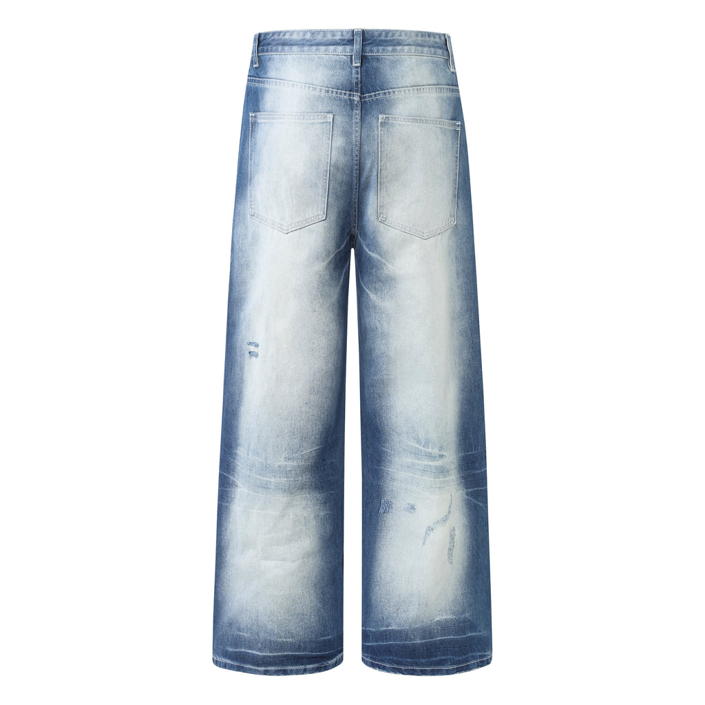 DONOTLOGO Retro Blue Baggy Denim Pants | Unisex Y2K Wide Leg Trousers with Natural Whiskering & Fade | High Street Relaxed Fit Bottoms