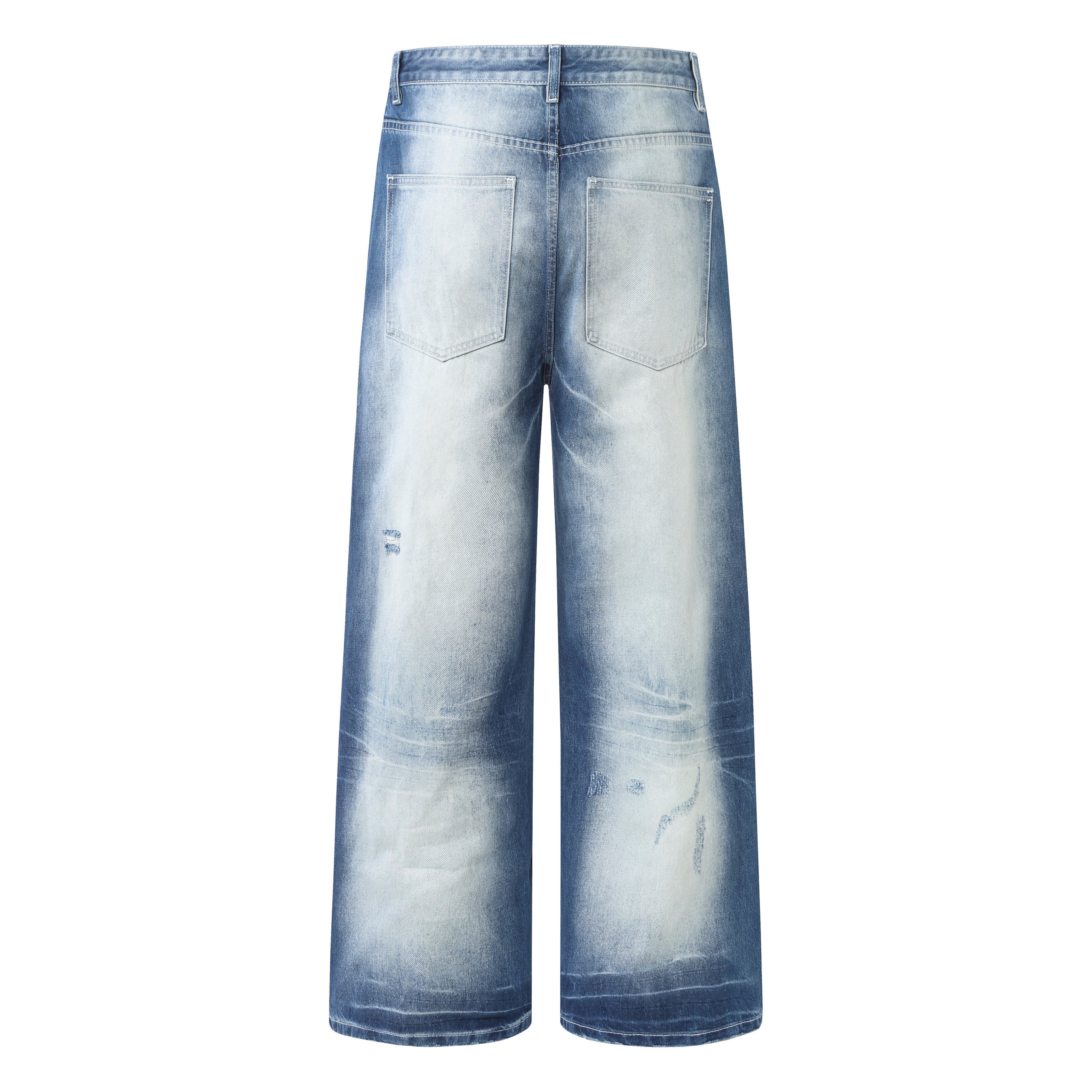 DONOTLOGO Retro Blue Baggy Denim Pants | Unisex Y2K Wide Leg Trousers with Natural Whiskering & Fade | High Street Relaxed Fit Bottoms