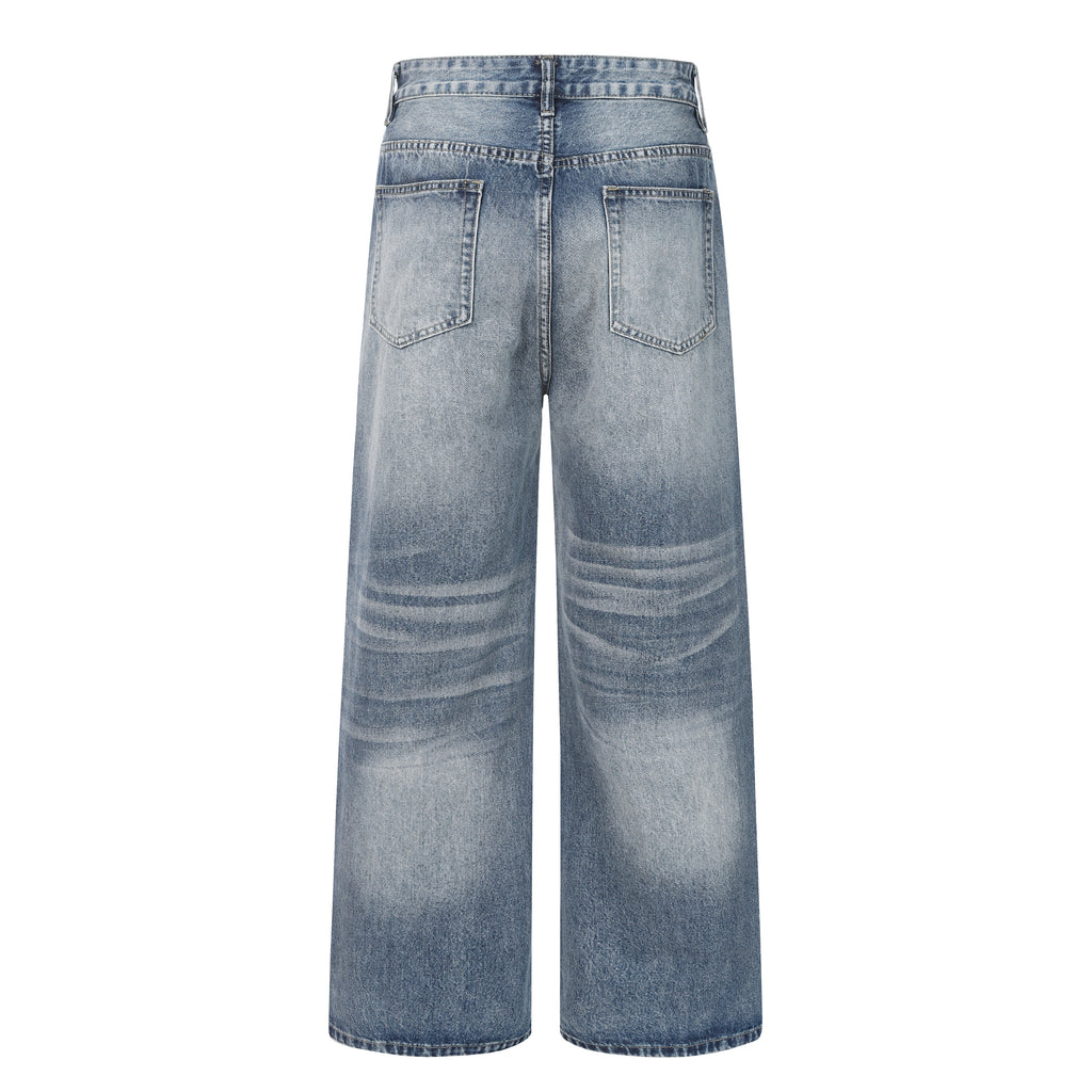 DONOTLOGO Retro Blue Baggy Denim Pants | Unisex Y2K Wide Leg Trousers with Natural Whiskering & Fade | High Street Relaxed Fit Bottoms