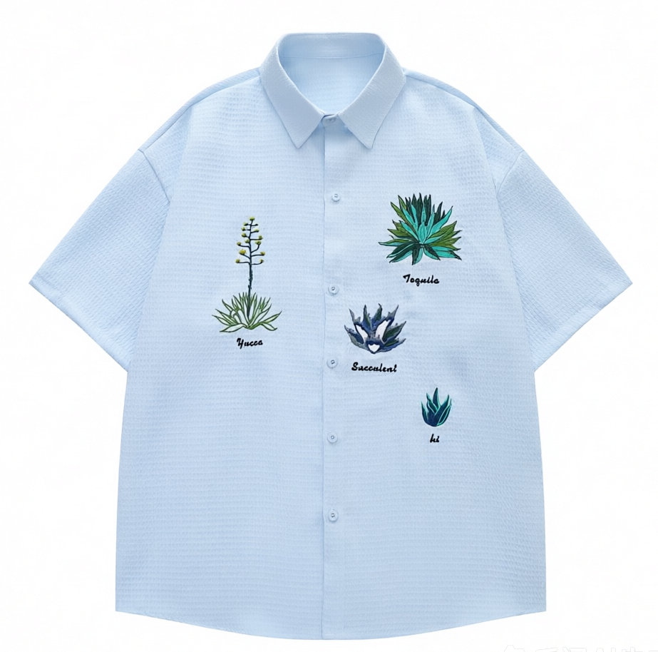 DONOTLOGO Desert Flora Collection | Unisex Relaxed Fit Waffle Weave Shirt | Artistic Aesthetic Short Sleeve Top with Detailed Succulent & Cactus Embroidery
