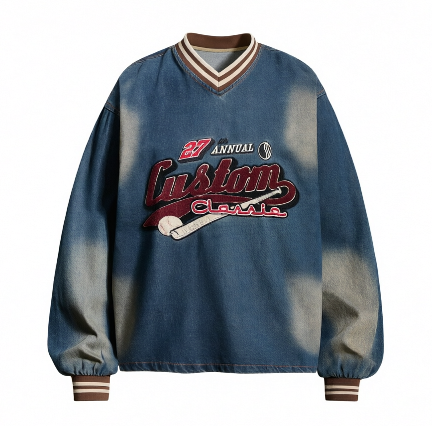 DONOTLOGO 90s Collegiate Aesthetic | Unisex Oversized Denim Jersey | Acid Wash Jean Fabric with Varsity Stripes & Retro Sports Embroidery