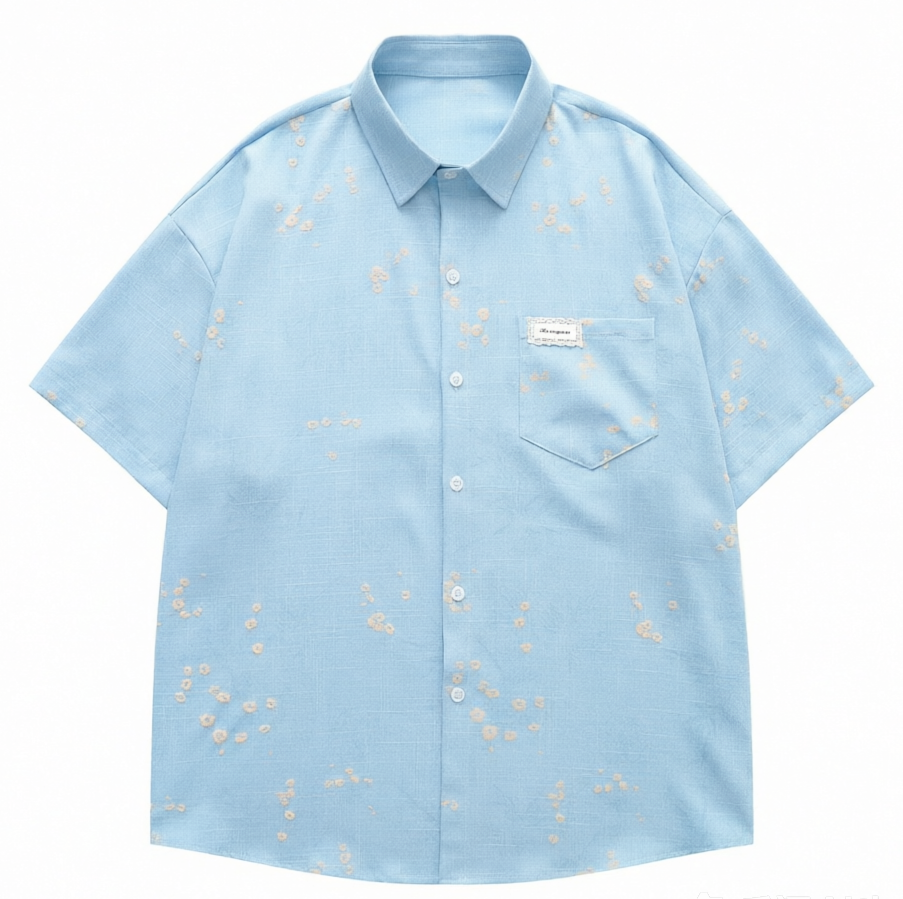DONOTLOGO Soft Breeze Collection | Unisex Relaxed Fit Linen-Cotton Blend Shirt | Delicate Beige Floral Print Short Sleeve Top with Vintage Chest Pocket Detail