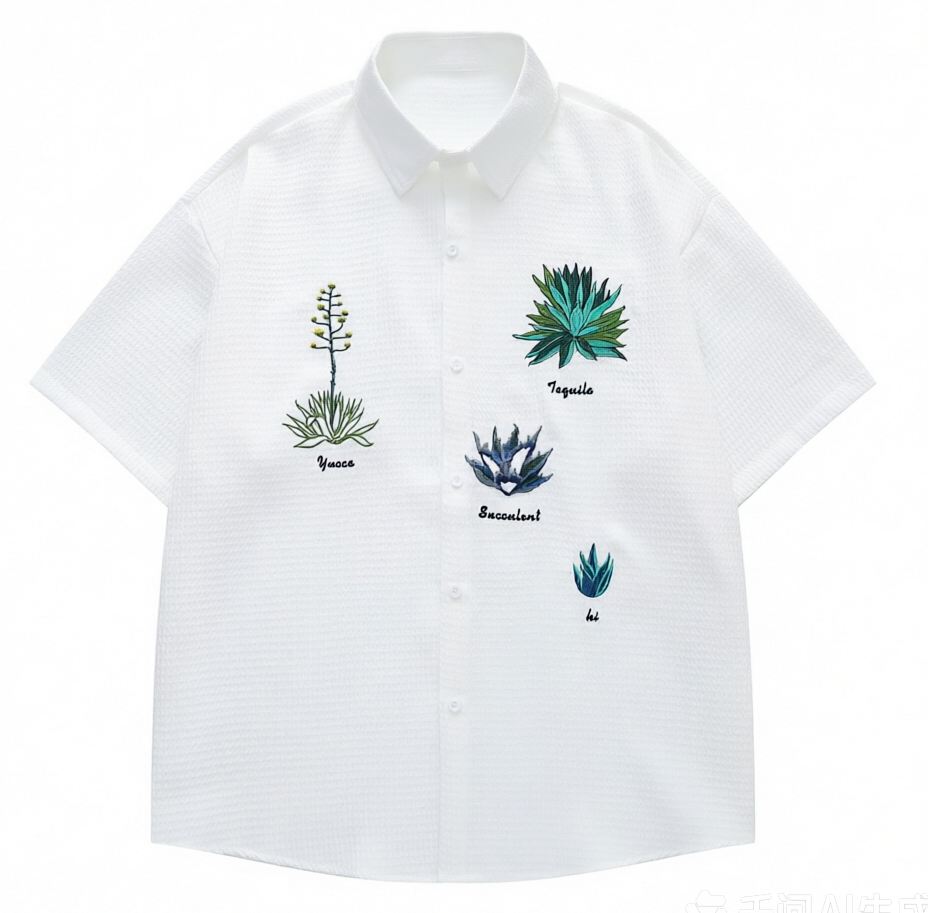 DONOTLOGO Desert Flora Collection | Unisex Relaxed Fit Waffle Weave Shirt | Artistic Aesthetic Short Sleeve Top with Detailed Succulent & Cactus Embroidery