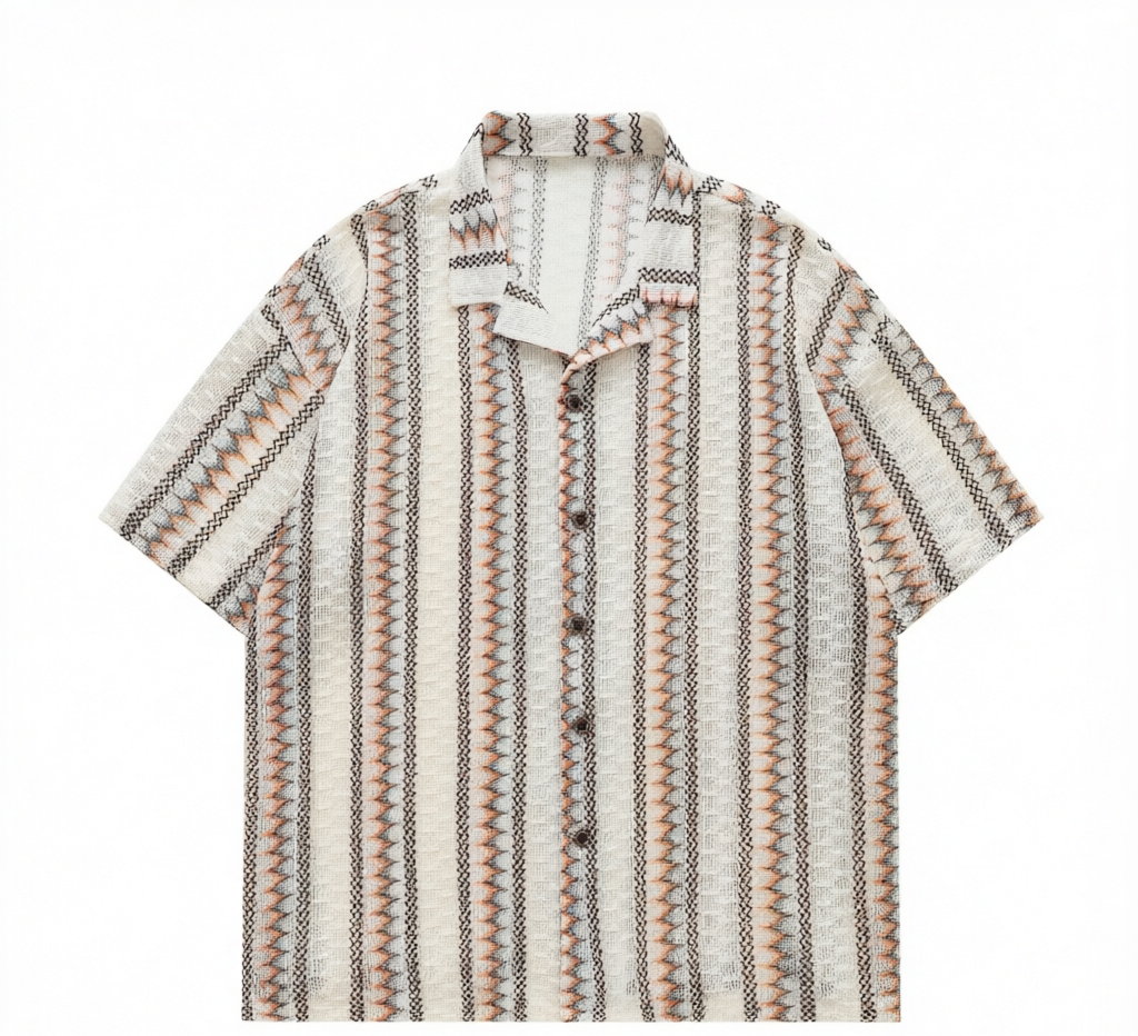 DONOTLOGO Retro Striped Mesh Shirt | Unisex Y2K Cuban Collar Top with Zigzag Print | High Street Relaxed Fit Summer Blouse