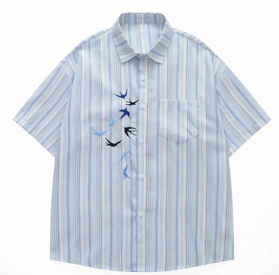 DONOTLOGO Artistic Breeze Collection | Unisex Oversized Striped Camp Collar Shirt | Vintage Aesthetic Short Sleeve Top with Delicate Flying Swallow Embroidery Detail