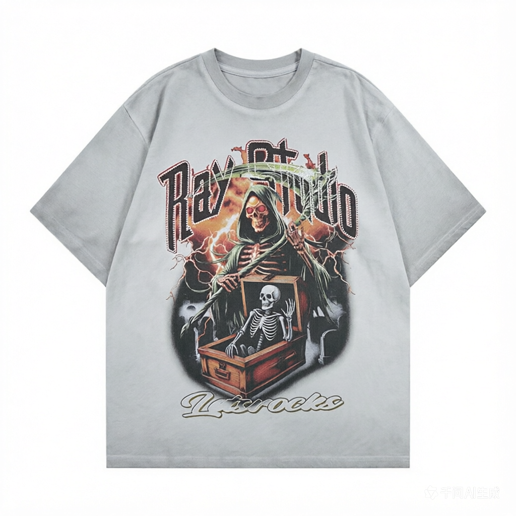 DONOTLOGO "Ray Studio" Gothic Reaper Graphic Tee - Unisex Vintage Washed Streetwear T-Shirt - Edgy Oversized Top with Skull & Lightning Aesthetic