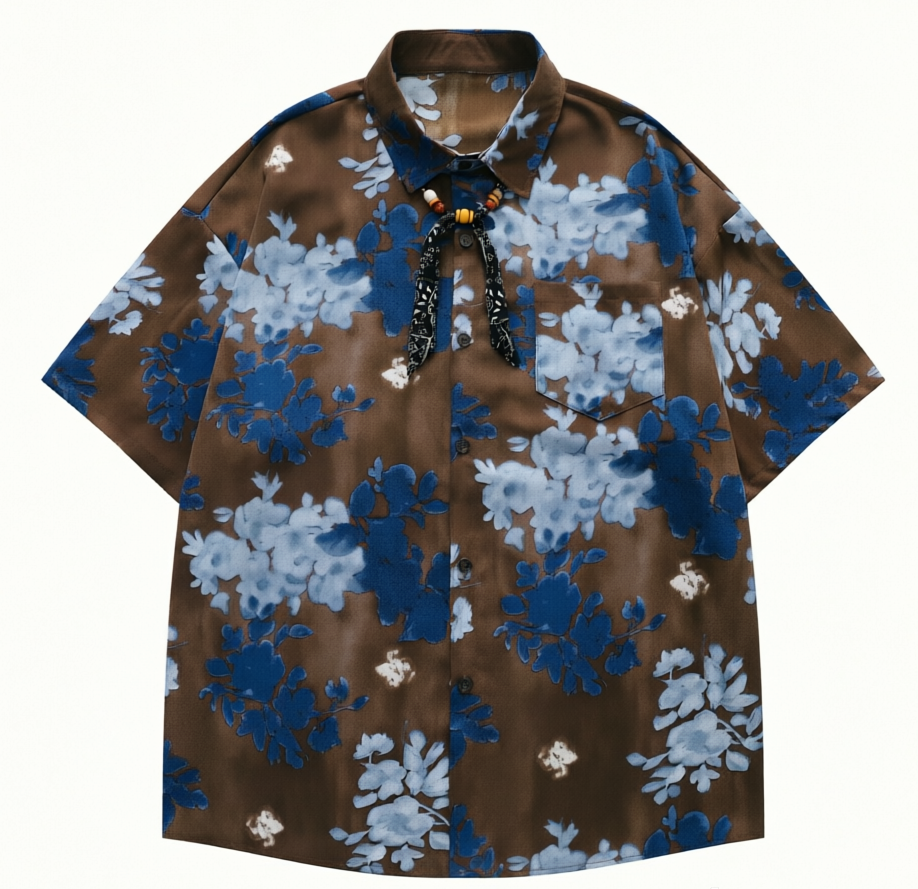 DONOTLOGO Artisan Bloom Collection | Unisex Oversized Graphic Floral Shirt | Vintage Aesthetic Boxy Fit Top with Decorative Neck Scarf