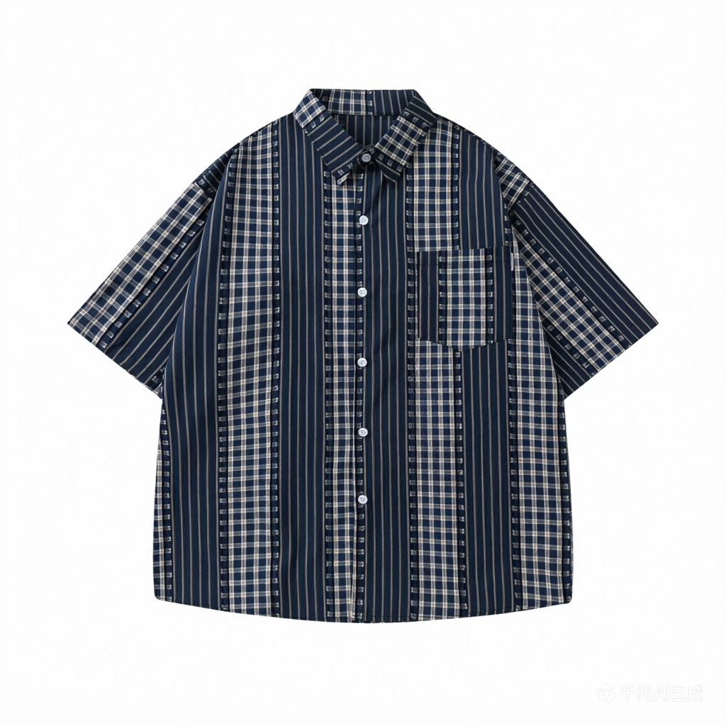DONOTLOGO Unisex Japanese Retro Patchwork Shirt | Dark Blue Stripes & Plaid | Loose Fit Summer Must-Have
