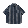 DONOTLOGO Unisex Japanese Retro Patchwork Shirt | Dark Blue Stripes & Plaid | Loose Fit Summer Must-Have