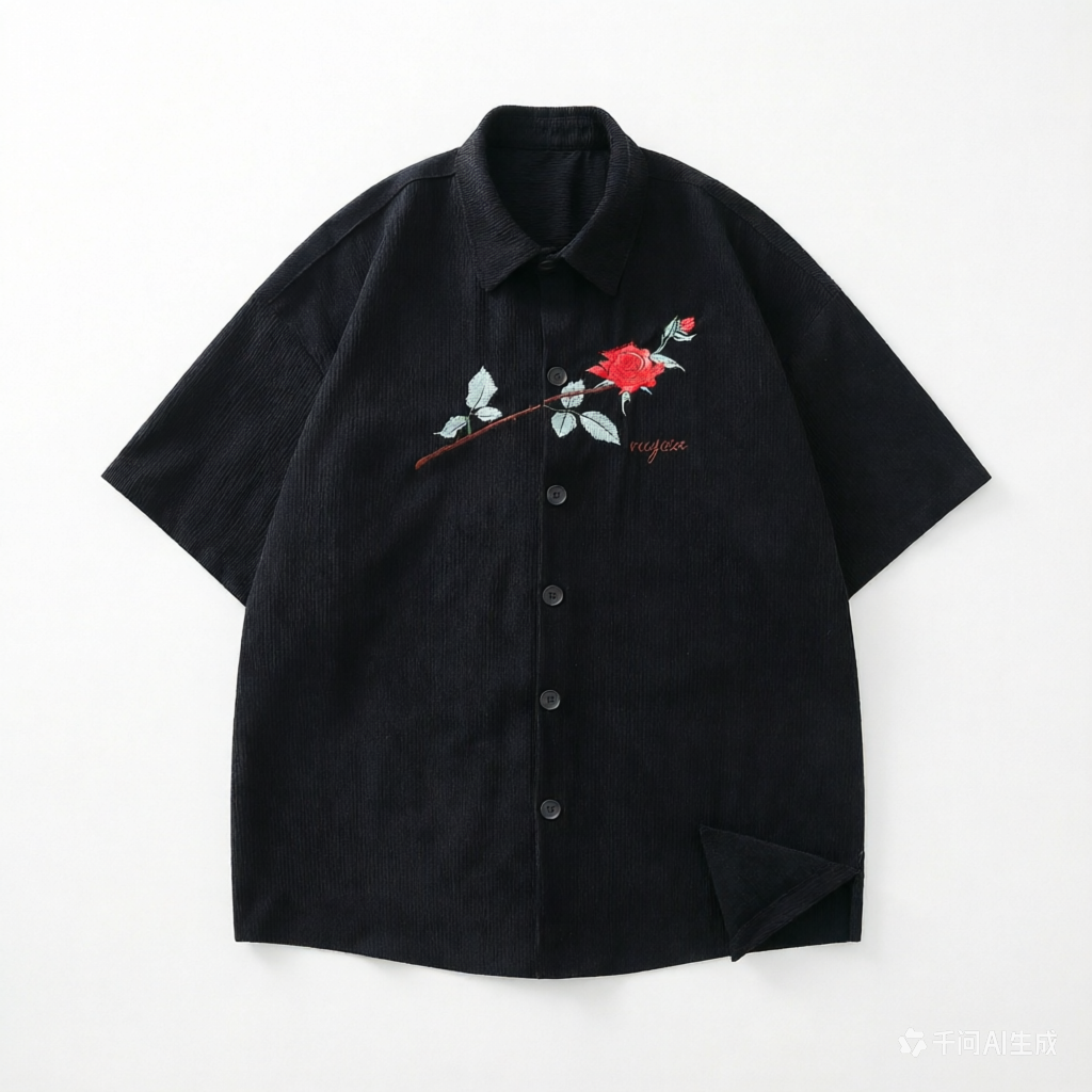 DONOTLOGO Vintage Rose Embroidery Shirt | Corduroy, Loose Fit | Summer Must-Have