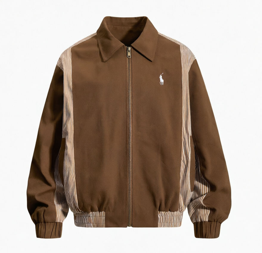 DONOTLOGOIvy League Aesthetic | Unisex Oversized Harrington Jacket | Chocolate Brown with Pinstripe Detail & Classic Collar