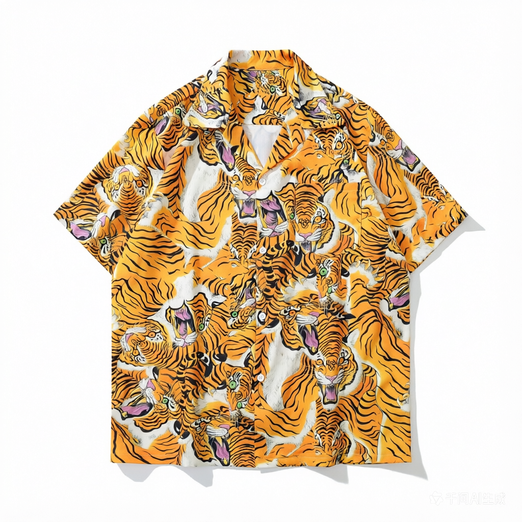 DONOTLOGO Roaring Tiger Head Cuban Collar Shirt | Vintage Style | All-Over Tiger Print | Relaxed Fit, Slimming