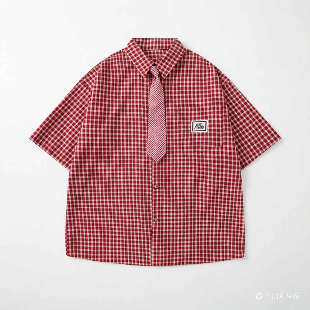 DONOTLOGO “Red Radiance” Plaid Shirt & Tie Set | Red/White Check, Drop Shoulder | Preppy Summer Street Style Must-Have