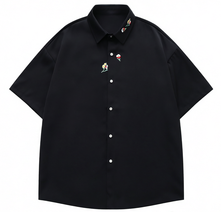DONOTLOGO Vintage Garden Collection | Unisex Oversized Cotton Camp Collar Shirt | Artistic Aesthetic Short Sleeve Top with Delicate Flower & Moon Embroidery Detail