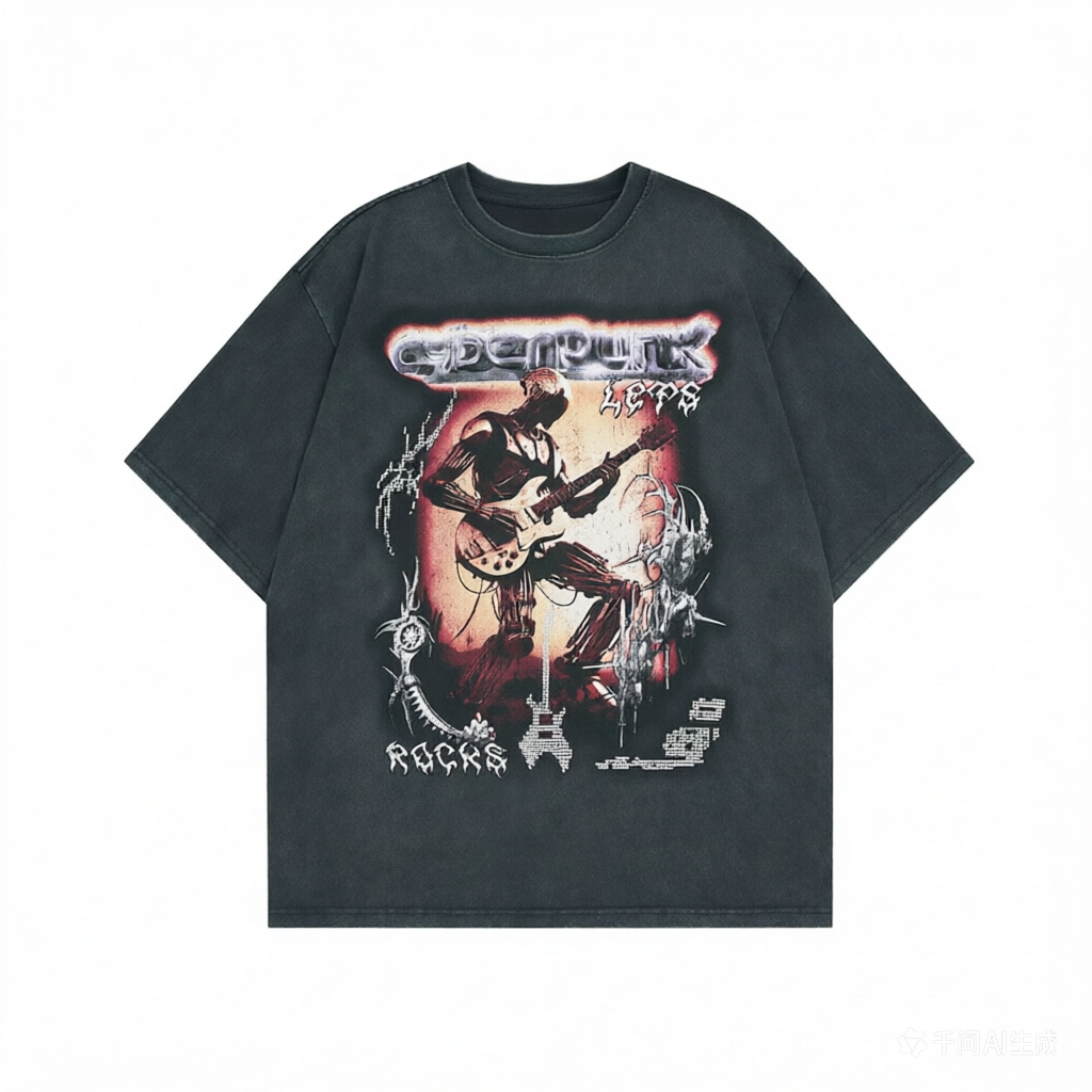 DONOTLOGO Deconstructed "Cyberpunk Let's Rock" Graphic Tee - Unisex Vintage Washed Streetwear T-Shirt - Edgy Oversized Top with Retro Punk Aesthetic