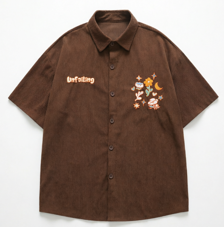 DONOTLOGO Vintage Garden Collection | Unisex Oversized Corduroy Camp Collar Shirt | Artistic Aesthetic Short Sleeve Top with Delicate Flower & Moon Embroidery Detail