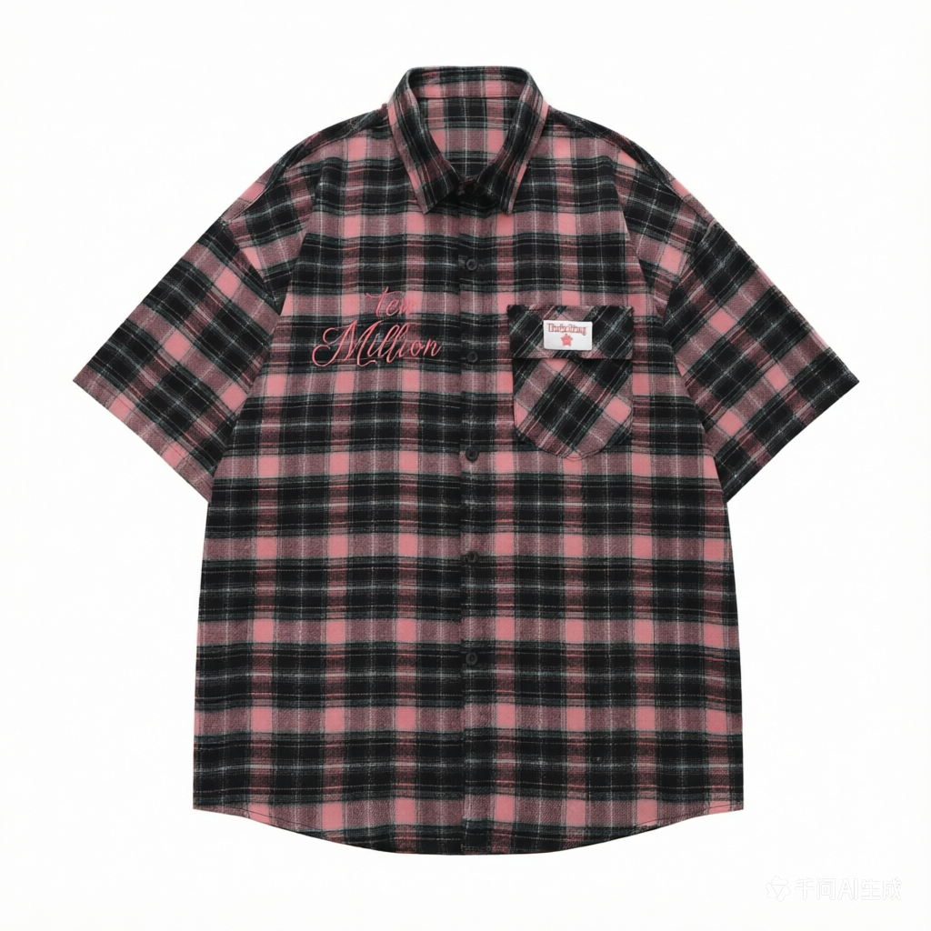 DONOTLOGO Unisex Pink Black Plaid Shirt | Embroidered Detail, Loose Fit | Casual Summer Essential