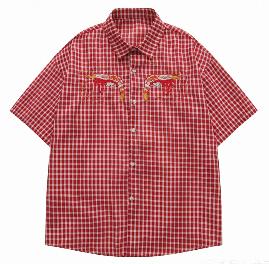DONOTLOGO Coastal Vintage Collection | Unisex Oversized Gingham Camp Collar Shirt | Playful Aesthetic Short Sleeve Top with Whimsical Lobster Embroidery Detail