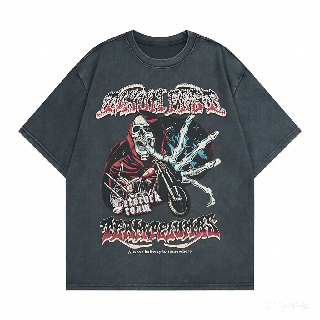 DONOTLOGO Deconstructed "Death Freaks" Biker Graphic Tee - Unisex Vintage Washed Streetwear T-Shirt - Edgy Oversized Top with Skull & Motorcycle Aesthetic