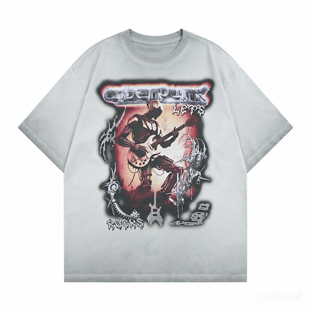 DONOTLOGO Deconstructed "Cyberpunk Let's Rock" Graphic Tee - Unisex Vintage Washed Streetwear T-Shirt - Edgy Oversized Top with Retro Punk Aesthetic