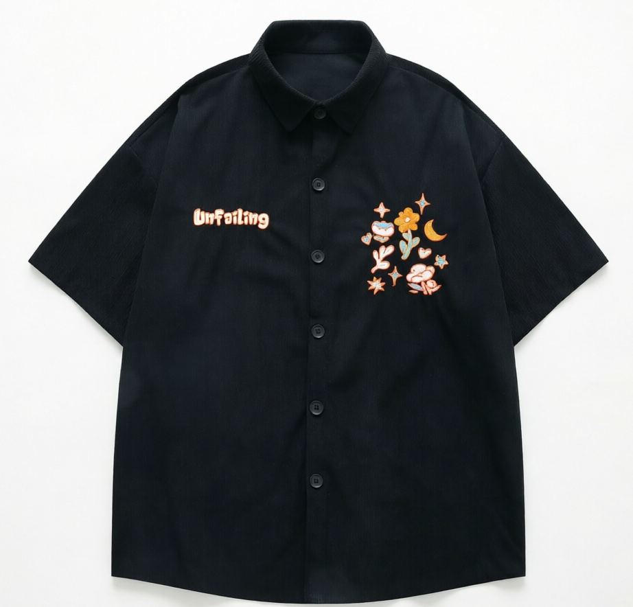 DONOTLOGO Vintage Garden Collection | Unisex Oversized Corduroy Camp Collar Shirt | Artistic Aesthetic Short Sleeve Top with Delicate Flower & Moon Embroidery Detail