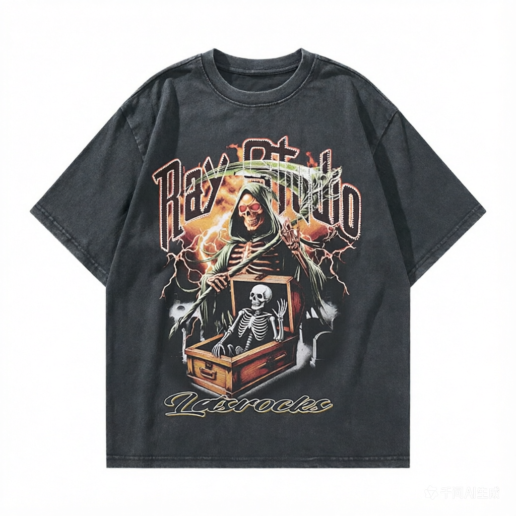 DONOTLOGO "Ray Studio" Gothic Reaper Graphic Tee - Unisex Vintage Washed Streetwear T-Shirt - Edgy Oversized Top with Skull & Lightning Aesthetic