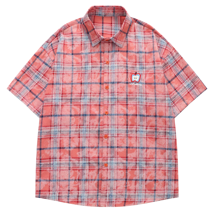 DONOTLOGO Unfailing Retro Grid Shirt | Unisex Oversized Summer Streetwear | Acid Wash Red Tartan Top