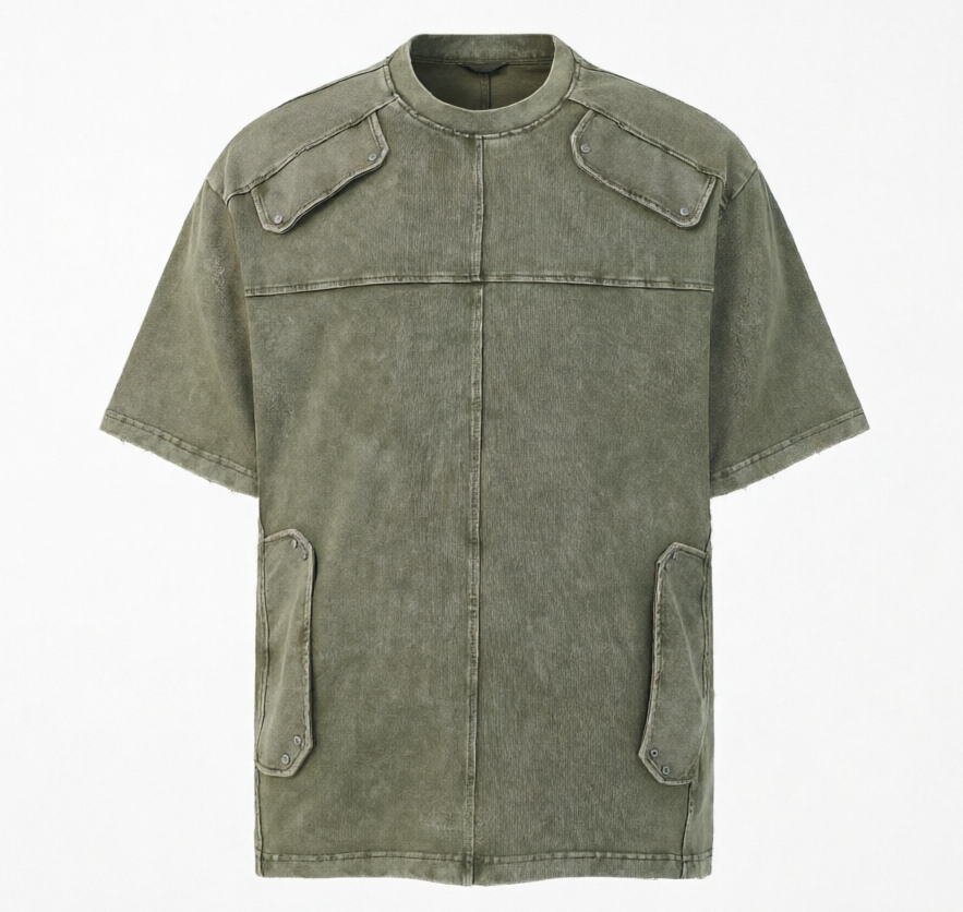 DONOTLOGO Industrial Utility Collection | Unisex Relaxed Fit Deconstructed Tee | Bold Multi-Pocket Seaming & Faded Wash Finish with Heavyweight Cotton Fabric