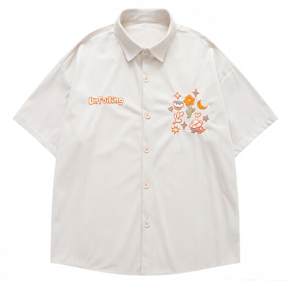 DONOTLOGO Vintage Garden Collection | Unisex Oversized Corduroy Camp Collar Shirt | Artistic Aesthetic Short Sleeve Top with Delicate Flower & Moon Embroidery Detail
