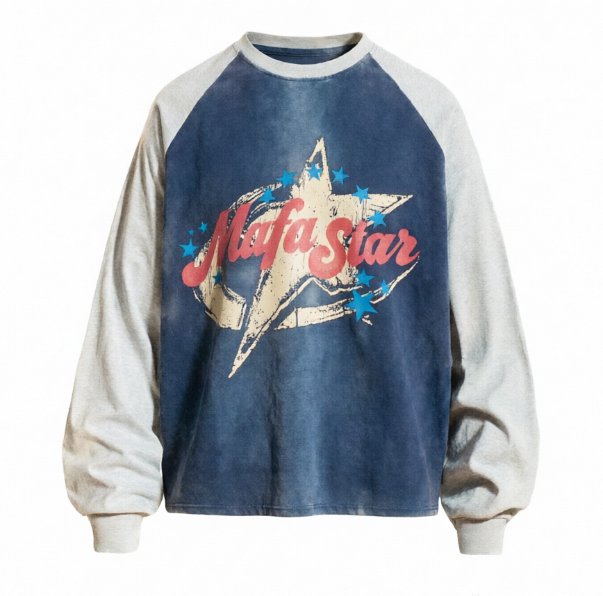 DONOTLOGO 90s Collegiate Aesthetic | Unisex Oversized Raglan Jersey | Distressed Wash with Retro Star Motif & Contrast Sleeve Design