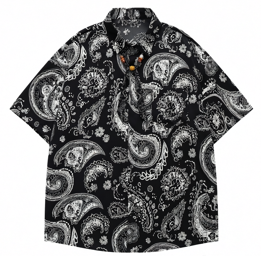 DONOTLOGO Urban Nomad Collection | Unisex Oversized Graphic Paisley Shirt | Vintage Aesthetic Boxy Fit Top with Decorative Neck Cord
