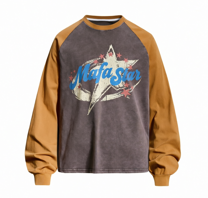 DONOTLOGO 90s Collegiate Aesthetic | Unisex Oversized Raglan Jersey | Distressed Wash with Retro Star Motif & Contrast Sleeve Design