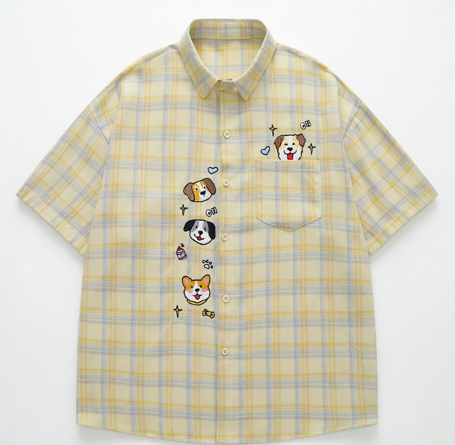 DONOTLOGO Kawaii Pet Lover Collection | Unisex Oversized Plaid Camp Collar Shirt | Vintage Aesthetic Short Sleeve Top with Playful Puppy Embroidery Detail