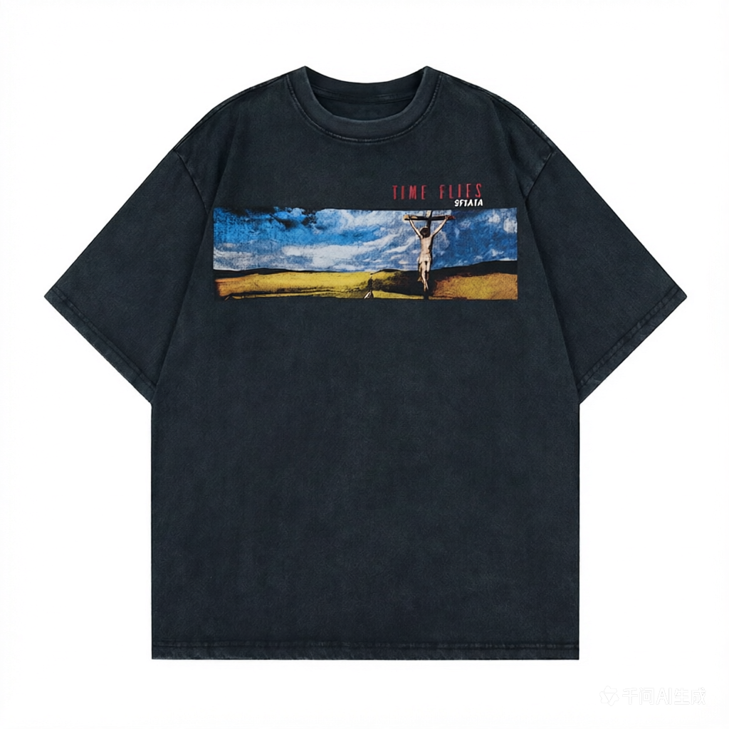 DONOTLOGO "Time Flies" Scenic Art Tee - Distressed Vintage Wash Heavyweight Cotton Oversized T-Shirt